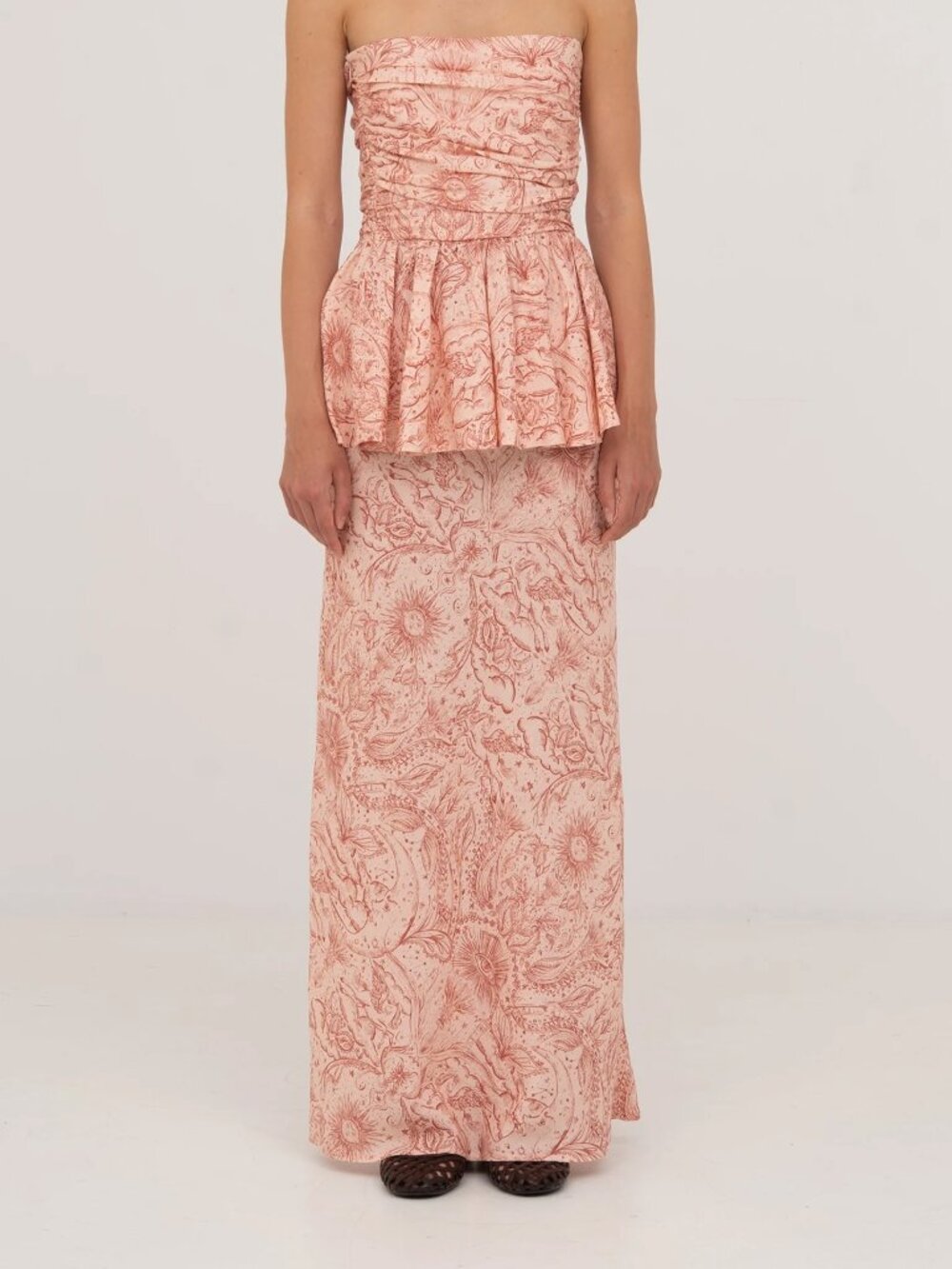 Strapless Peach-Pink Peplum Top & Skirt